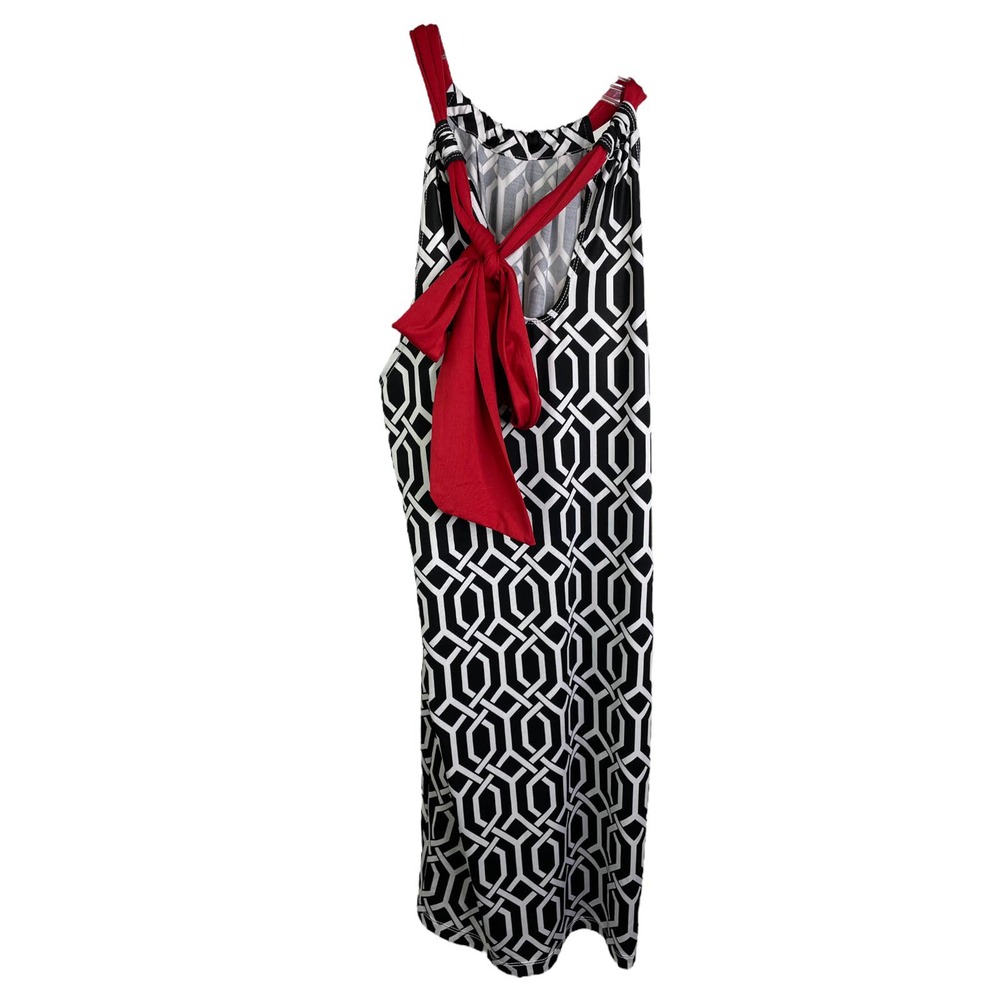 Mud Pie Natalie Women's Shift Halter Dress Black‎ White Red Bow Geometric Sz M